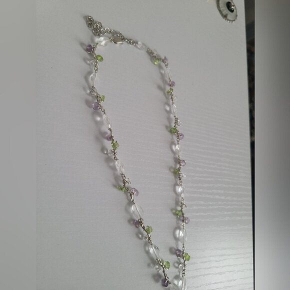 Vintage Sterling Silver Engraved Heart Purple Green Crystal Beaded Necklace - Picture 4 of 9